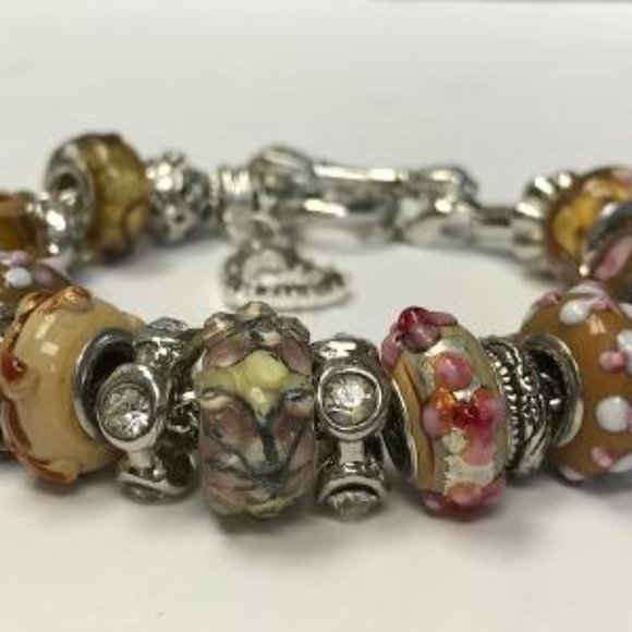 European Style Charm Bracelet with Murano Glass Beads, Toggle Clasp+Stopper,7.9" - Picture 5 of 13